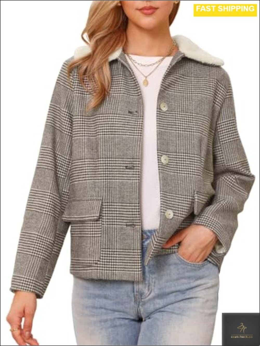Houndstooth Jacket Peter Pan Collar Button Down Casual Winter Coat